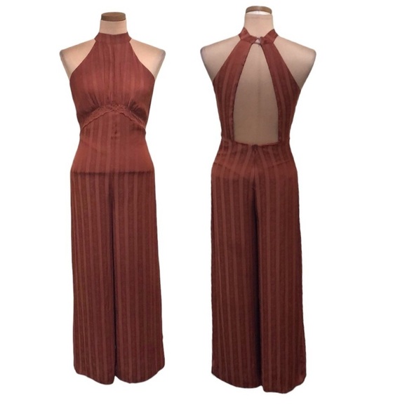 Sage The Label Jumpsuit Size Small Burnt Sienna Wide Leg Cutout Floral Lace - Picture 1 of 10